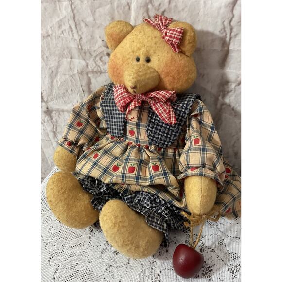 Primitive Handmade Cloth Bear Apple Dress Folk Art 90’s Wooden Apple - Picture 1 of 5